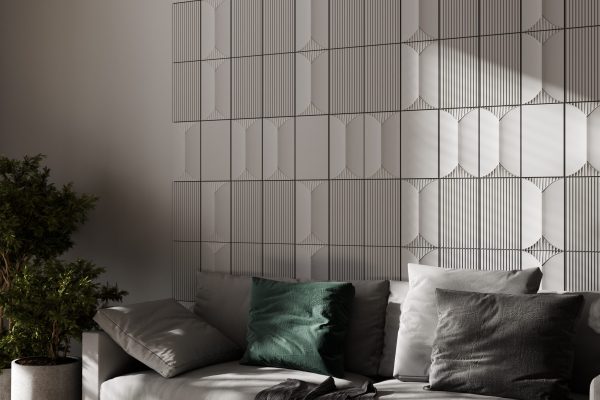 Modern classic interior with sofa, wall panel, plant and decor. 3d rendering